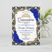 Quinceanera - Damask Royal Blue Gold Einladung (Stehend Vorderseite)