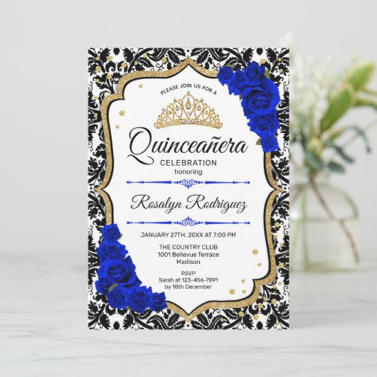 Quinceanera - Damask Royal Blue Gold Einladung (Stehend Vorderseite)
