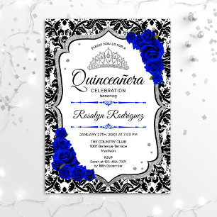 Quinceanera - Damask Royal Blue Silver Einladung
