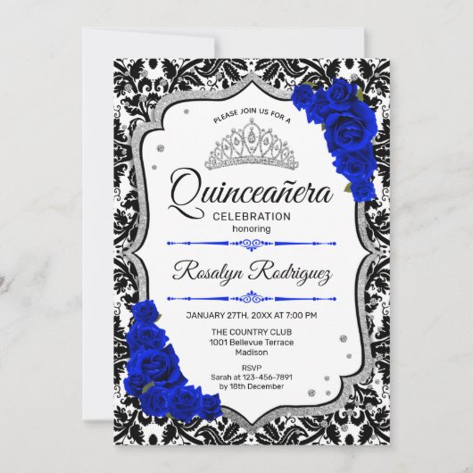 Quinceanera - Damask Royal Blue Silver Einladung (Vorderseite)