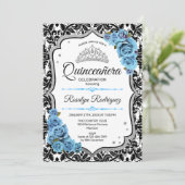 Quinceanera - Damask Silver Blue Einladung (Stehend Vorderseite)