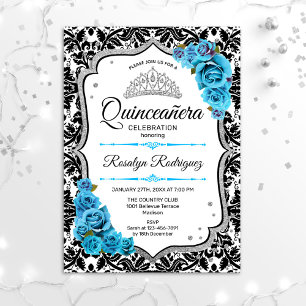 Quinceanera - Damask Silver Blue Einladung
