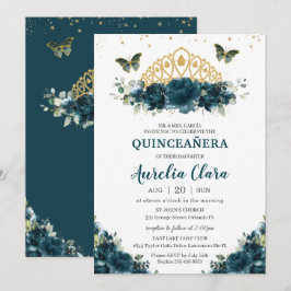 Quinceañera Dark Aquamarin Floral Butterfells Kron Einladung