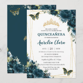 Quinceañera Dark Aquamarin Peacock Floral Butterfl Einladung
