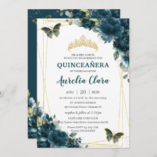 Quinceañera Dark Aquamarin Peacock Floral Butterfl Einladung