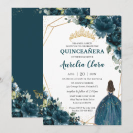 Quinceañera Dark Aquamarin Peacock Floral Princess Einladung