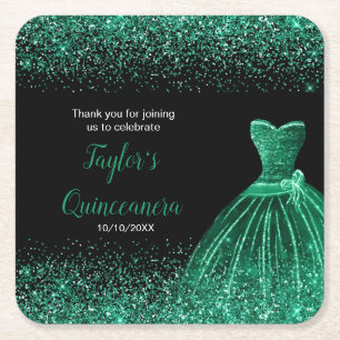Quinceanera Dark Green Imitats Glitzer Rechteckiger Pappuntersetzer