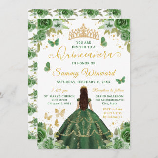 Quinceañera Dark Green Princess Brunette Girl Einladung