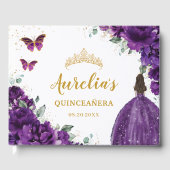 QUINCEAÑERA Dark Lila Floral Princess Butterfly Gästebuch (Vorderseite)