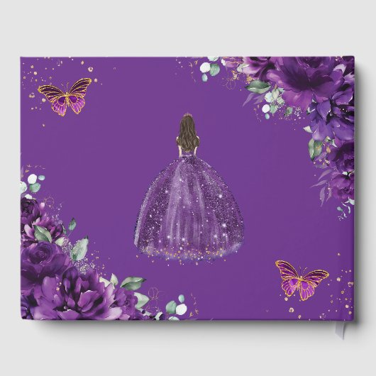 QUINCEAÑERA Dark Lila Floral Princess Butterfly Gästebuch (Rückseite)