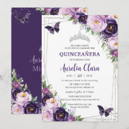 Quinceañera Dark Lila Lilac Floral Butterfliegen Einladung