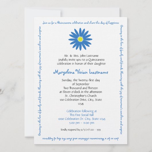 Quinceanera Delightful Daisy Message Text Blau Einladung (Vorderseite)