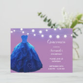 Quinceanera Denim Blue Lavender String Lights Einladung (Stehend Vorderseite)