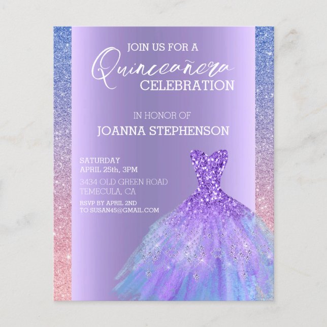 Quinceanera Dress Glitzer Lila Ombre (Vorderseite)