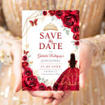 Quinceanera Dress Red Roses Gold Save The Date<br><div class="desc">Red, gold and white Quinceanera celebration save the date. Features, brunette girl in ball gown dress script font, gold butterflies, watercolor roses and tiara. Perfect for an elegant princess style glam celebration. Personalize with your own details. Printed Zazzle cards or instant download digital printable template.</div>