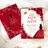 Quinceanera Dress Red Roses Gold Save The Date