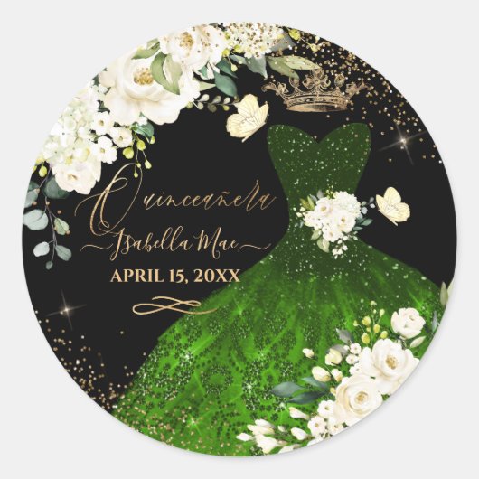 Quinceanera Dunkelgrüner Glitzer Gänsecreme Rose Runder Aufkleber (Vorderseite)