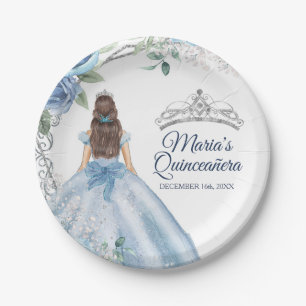 Quinceañera Dusty Blue Blumen Aquarell  Pappteller