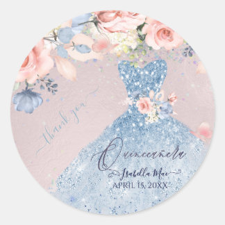 Quinceanera Dusty Blue Glitzer Gown Blush Rose C Runder Aufkleber