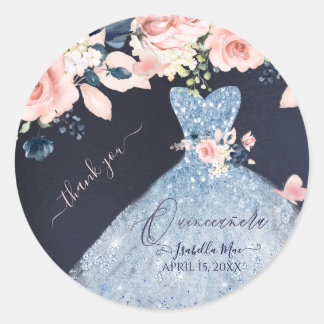 Quinceanera Dusty Blue Glitzer Gown Blush Rose Runder Aufkleber
