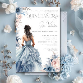 Quinceañera Dusty Blue Gown Pink Floral Brünett Einladung