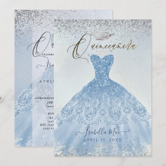 Quinceanera Dusty Blue+Silver Glitzer Gown Einladung