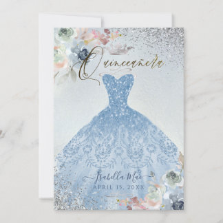 Quinceanera Dusty Blue Silver Glitzer Gown Rose Einladung