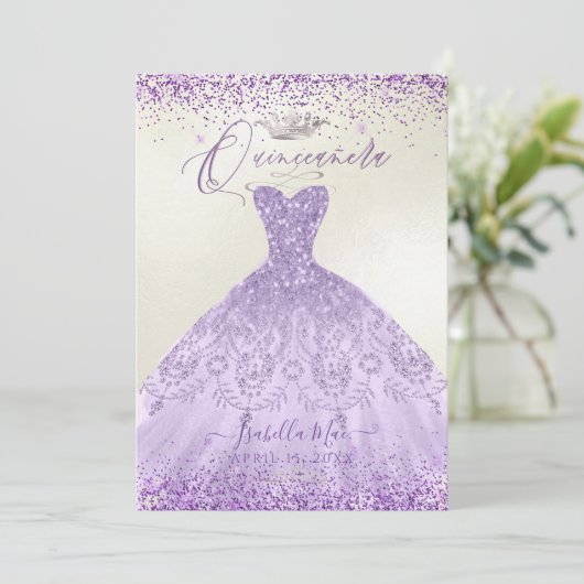 Quinceanera Dusty Lila Silver Glitzer Gown Einladung (Stehend Vorderseite)
