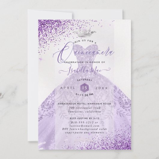 Quinceanera Dusty Lila Silver Glitzer Gown Einladung (Rückseite)