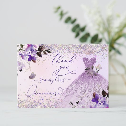 Quinceanera Dusty Lilac Lila Silver Glitzer Gown Dankeskarte (Stehend Vorderseite)