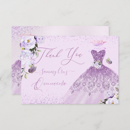 Quinceanera Dusty Lilac Lila Silver Glitzer Gown Dankeskarte (Vorne/Hinten)