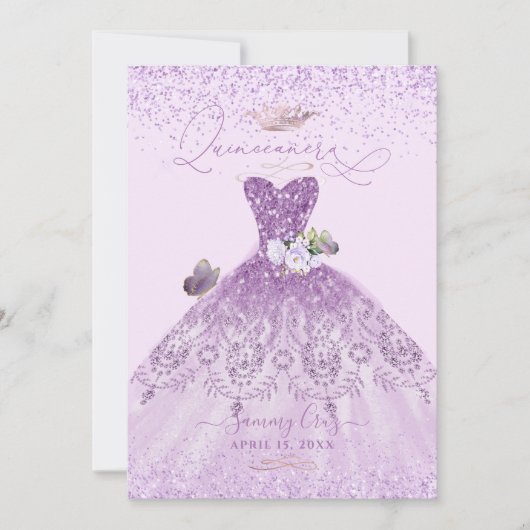 Quinceanera Dusty Lilac Lila Silver Glitzer Gown Einladung (Vorderseite)