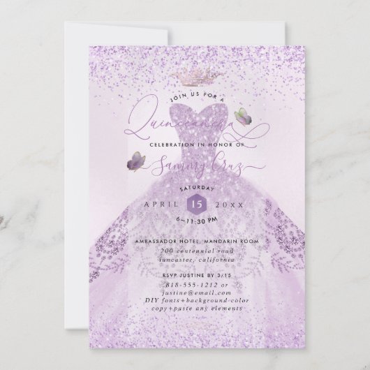 Quinceanera Dusty Lilac Lila Silver Glitzer Gown Einladung (Rückseite)