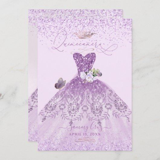 Quinceanera Dusty Lilac Lila Silver Glitzer Gown Einladung (Vorne/Hinten)