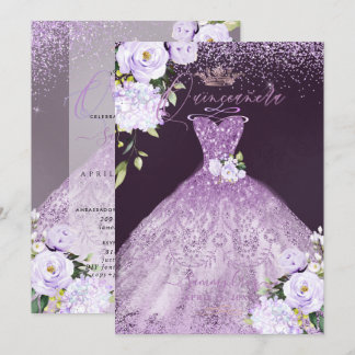 Quinceanera Dusty Lilac Lila Silver Glitzer Gown Einladung