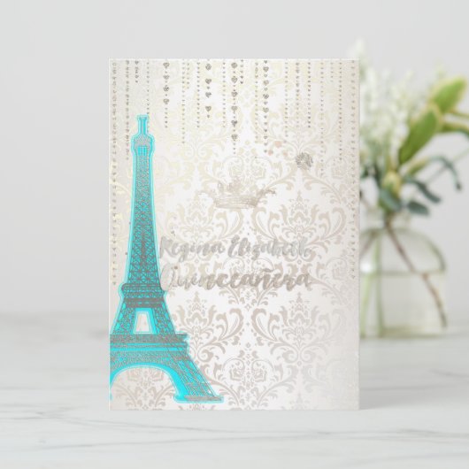 Quinceanera/Eiffel Blau/Prinzessin/Krone Einladung (Stehend Vorderseite)