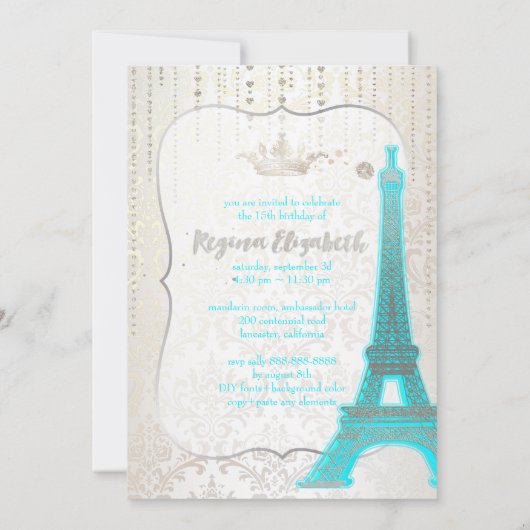 Quinceanera/Eiffel Blau/Prinzessin/Krone Einladung (Rückseite)