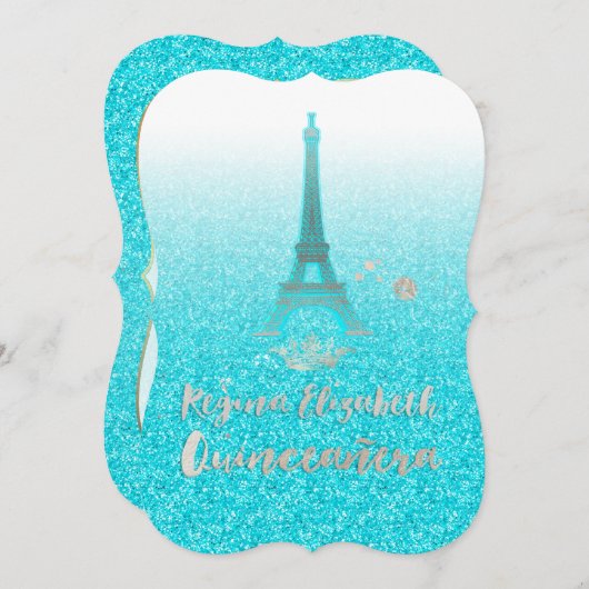 Quinceanera/Eiffel/Blau/Prinzessin/Krone Einladung (Vorne/Hinten)