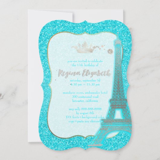 Quinceanera/Eiffel/Blau/Prinzessin/Krone Einladung (Rückseite)