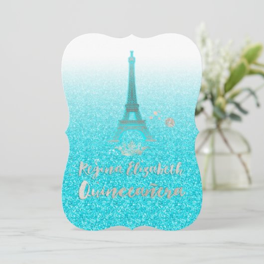 Quinceanera/Eiffel/Blau/Prinzessin/Krone Einladung (Stehend Vorderseite)