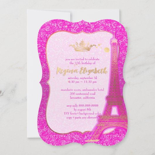 Quinceanera/Eiffel/Neon Pink/Prinzessin/Krone Einladung (Rückseite)