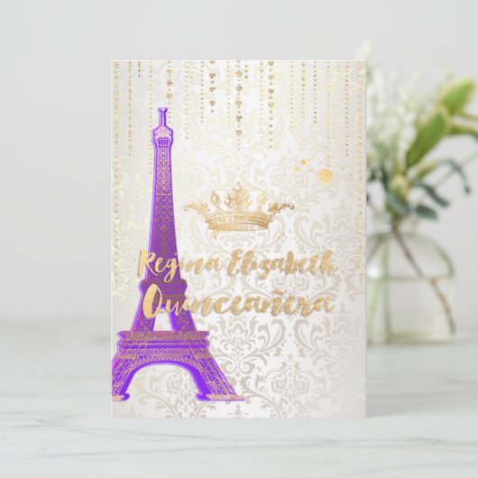 Quinceanera/Eiffelturm/Pariser Prinzessin/Lila Einladung (Stehend Vorderseite)