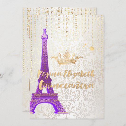 Quinceanera/Eiffelturm/Pariser Prinzessin/Lila Einladung (Vorne/Hinten)