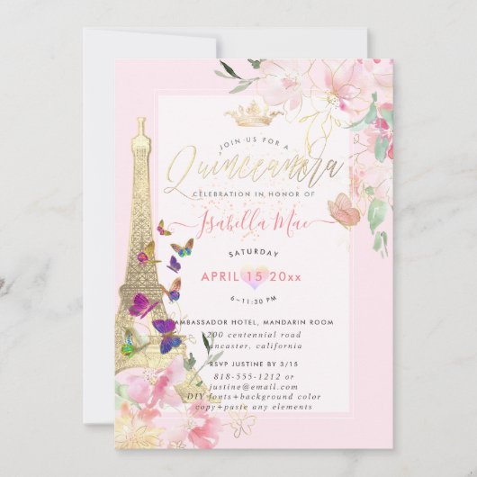 Quinceanera Eiffelturm, Wasserfarbenfrohe Schmette Einladung (Vorderseite)