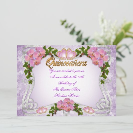 Quinceanera Einladung 15. Geburtstag elegant (Stehend Vorderseite)