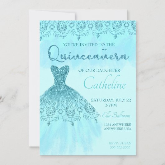 Quinceanera Einladung aquamarinen Glitzer, 15. Geb (Vorderseite)