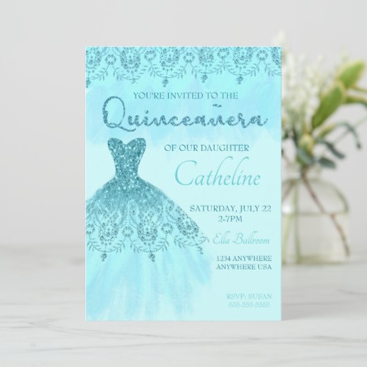 Quinceanera Einladung aquamarinen Glitzer, 15. Geb (Stehend Vorderseite)