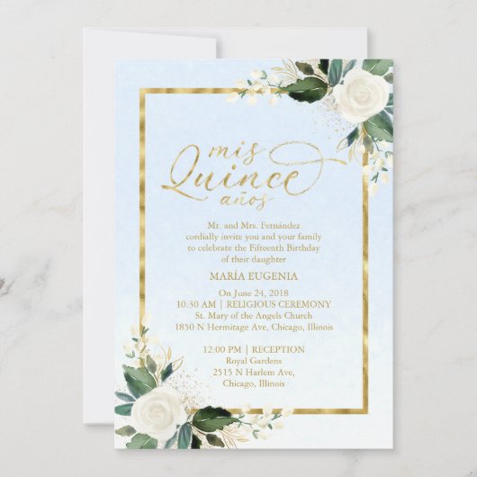 Quinceanera Einladung Bilingual Blue Gold Foil (Vorderseite)