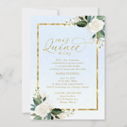 Quinceanera Einladung Bilingual Blue Gold Foil (Rückseite)