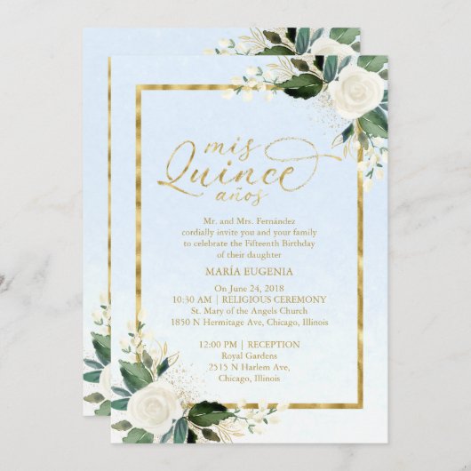 Quinceanera Einladung Bilingual Blue Gold Foil (Vorne/Hinten)